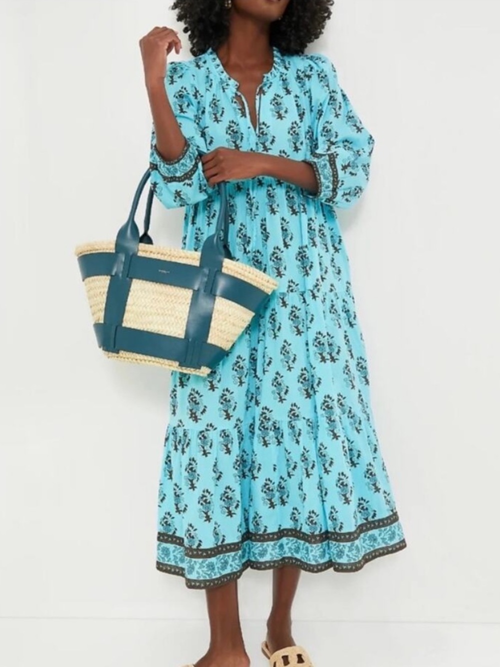Tuckernuck Tropical Turquoise Bouquet Salty Paloma Caftan Midi Dress Size L